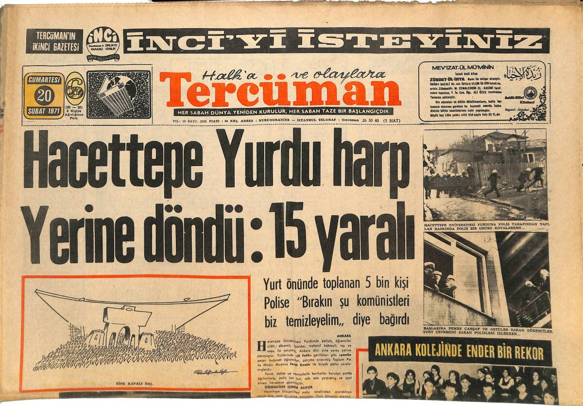 Tercüman Gazetesi 20 Şubat 1971 - Ankara Kolejinde Ender Bir Rekor - Hacettepe Yurdu Harp Yerine Döndü GZ144646 - 1
