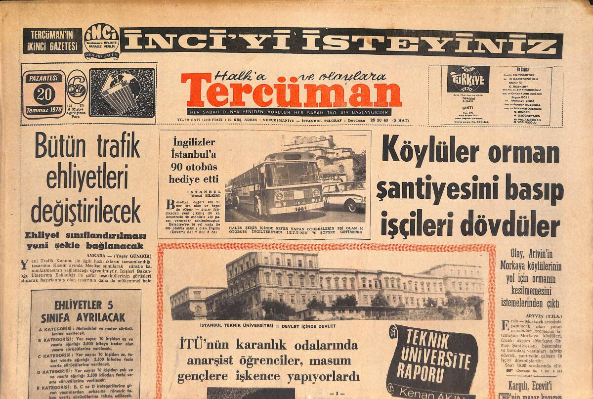 Tercüman Gazetesi 20 Temmuz 1970 - İngilizler İstanbul'a 90 Otobüs Hediye Etti -Güreşçilere Ne Veriyoruz Ne İstiyoruz? GZ146101 - 1