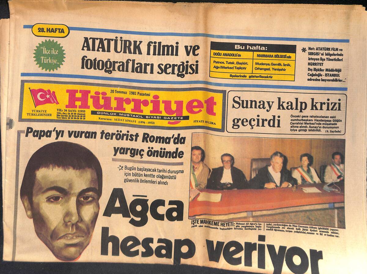 Hürriyet Gazetesi 20 Temmuz 1981 - Papa'yı Vuran Ağca Hesap Veriyor - Fenerbahçe Şampiyonluğun En büyük Adayı GZ132533 - 1