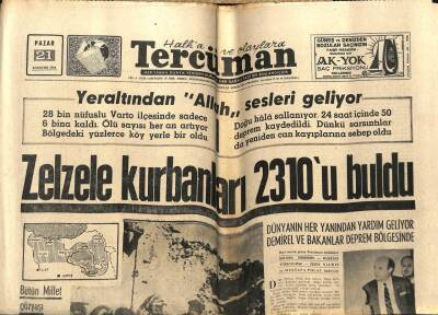 Tercüman Gazetesi 21 Ağustos 1966 - Zelzele Kurbanları 2310u Buldu, Deprem Devam Ediyor GZ54042 - 1