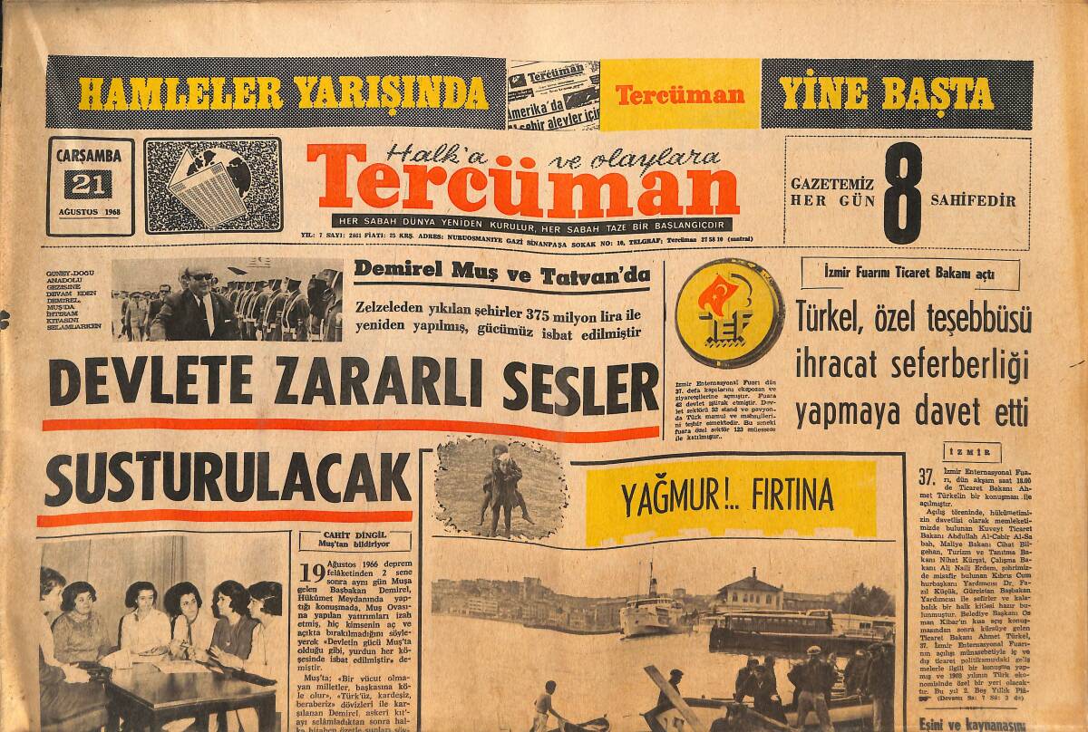 Tercüman Gazetesi 21 Ağustos 1968 - Devlete Zararlı Sesler Susturulacak - Bazı Fenerbahçeli Yöneticiler G.Saray Maçını Zamansız Buldu! GZ145818 - 1