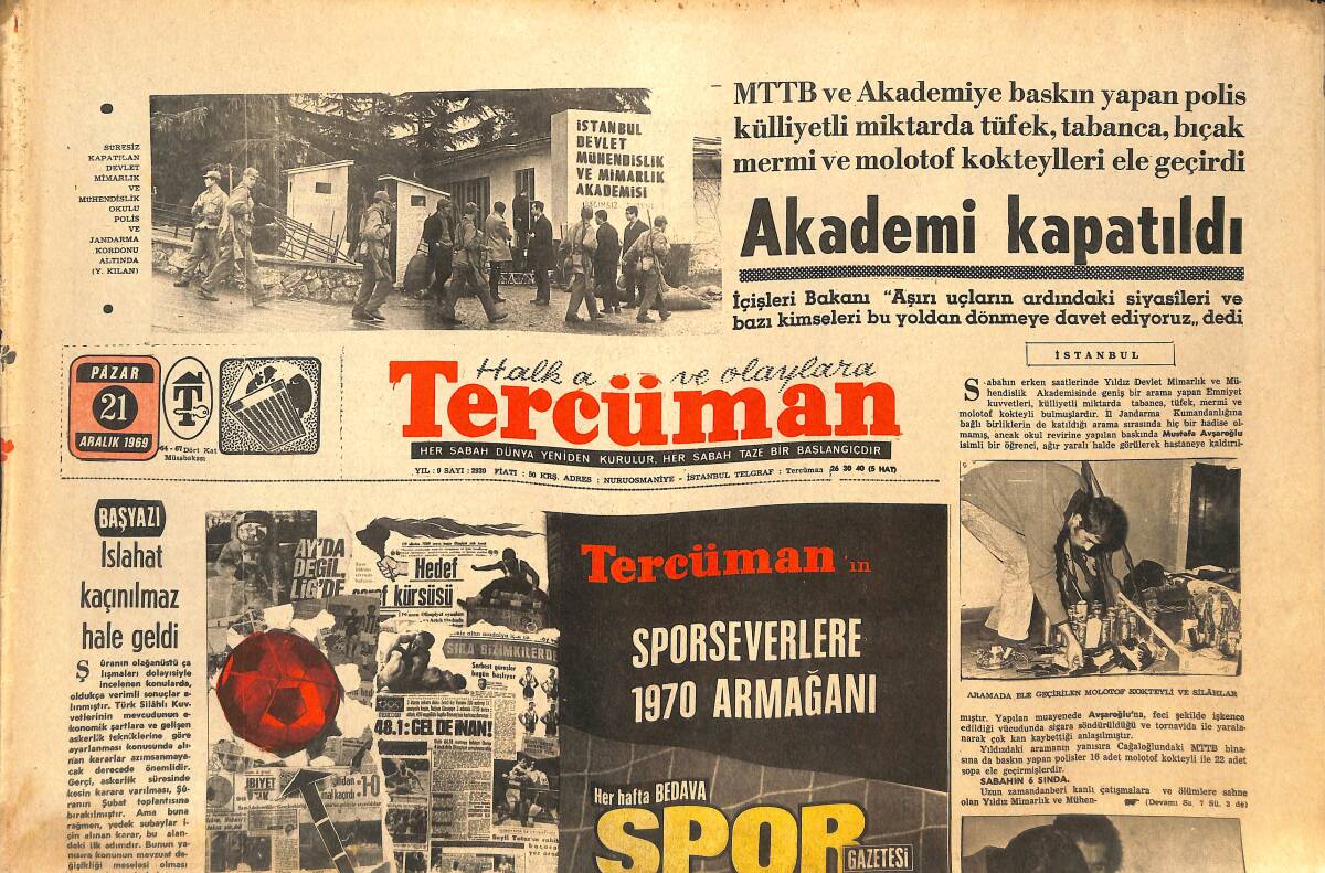 Tercüman Gazetesi 21 Aralık 1969 - İzmir'de 28 Öğrenci Nezarete Alındı - Akademi Kapatıldı! - Mecliste Genel Af Teklif Verildi! GZ144380 - 1