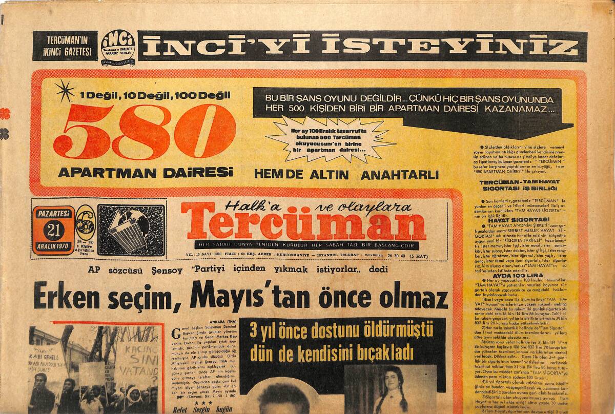 Tercüman Gazetesi 21 Aralık 1970 - Ege Bölgesi Dün Sallandı - Erken Seçim , Mayıs'tan Önce Olmaz GZ145372 - 1