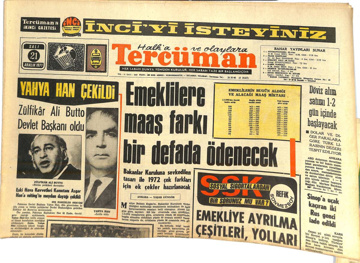 Tercüman Gazetesi 21 Aralık 1971 - Zülfikar Ali Butto Devlet Başkanı Oldu - Fenerbahçe Yaygaraya Kurban Gitti! GZ144699 - 1
