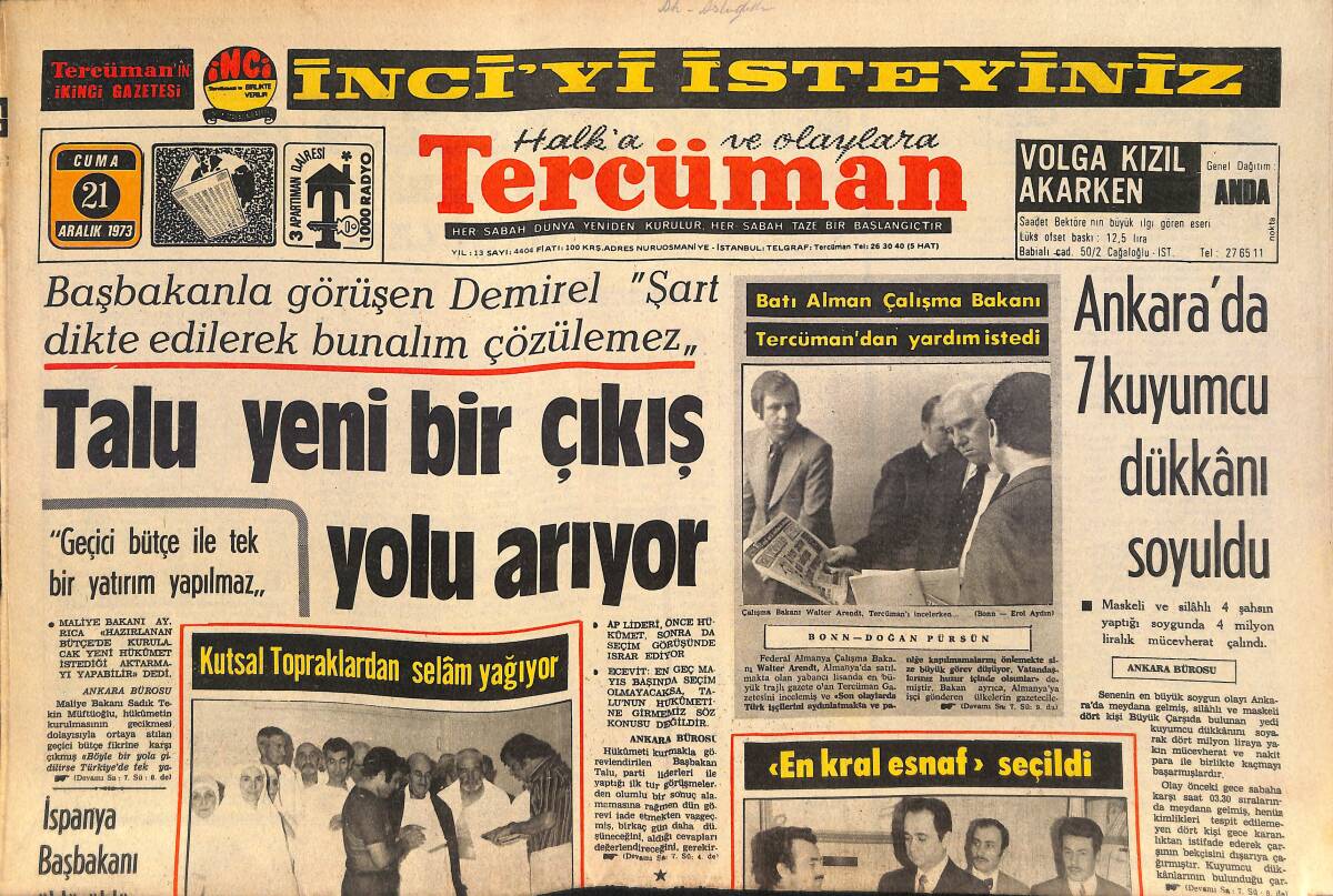 Tercüman Gazetesi 21 Aralık 1973 - Talu Yeni Bir Çıkış Yolu Arıyor - Beşiktaş Çifte Şampiyonluk Kovalıyor! GZ145659 - 1