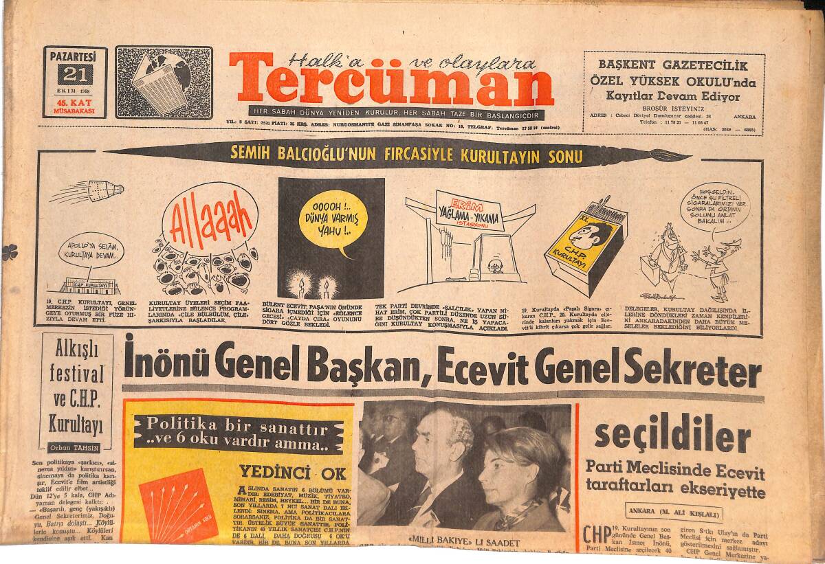 Tercüman Gazetesi 21 Ekim 1968 - İnönü Genel Başkan , Ecevit Genel Sekreter Seçildiler GZ144785 - 1