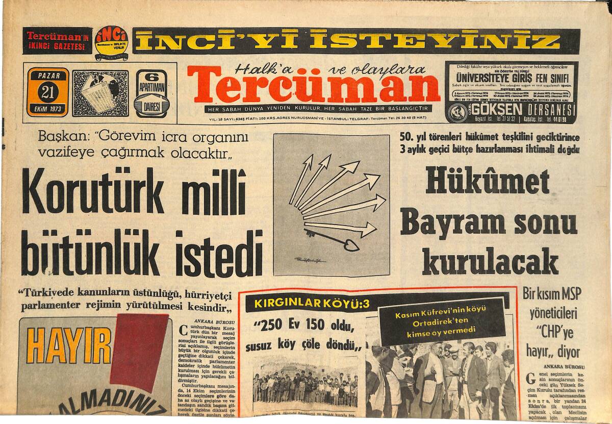 Tercüman Gazetesi 21 Ekim 1973 - Korutürk Milli Bütünlük İstedi - İngiltere İçin Dünyanın Sonu GZ144740 - 1