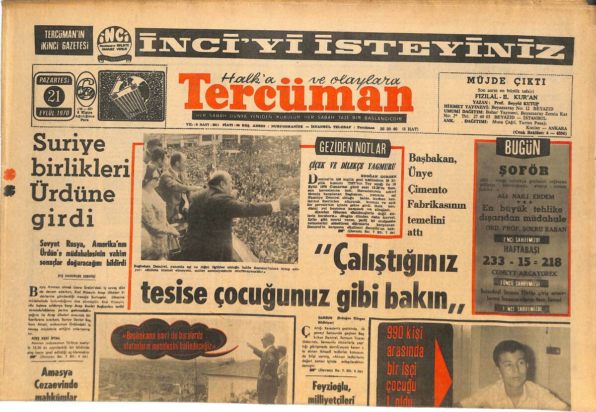 Tercüman Gazetesi 21 Eylül 1970 - Suriye Birlikleri Ürdün'e Girdi! - Cahit Önel Dün Toprağa Verildi! GZ145029 - 1