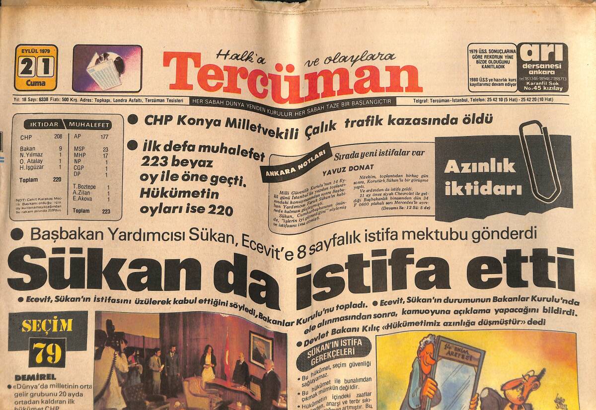 Tercüman Gazetesi 21 Eylül 1979 - Sükan da İstifa Etti - Ecevit'e Protesto Mektupları Yağıyor GZ134577 - 1