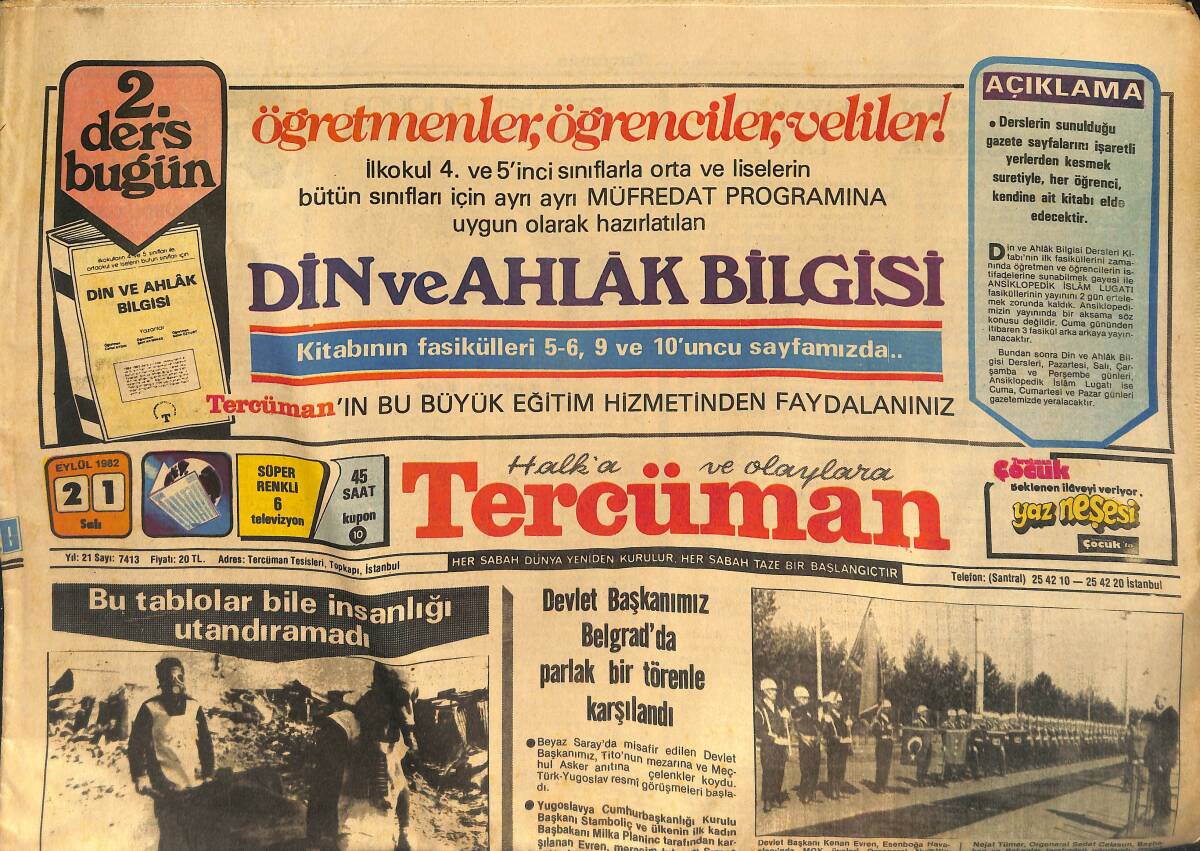 Tercüman Gazetesi 21 Eylül 1982 - Devlet Başkanımız Belgrad'da Parlak Bir Törenle Karşılandı - İsrail'de Katliam GZ133509 - 1