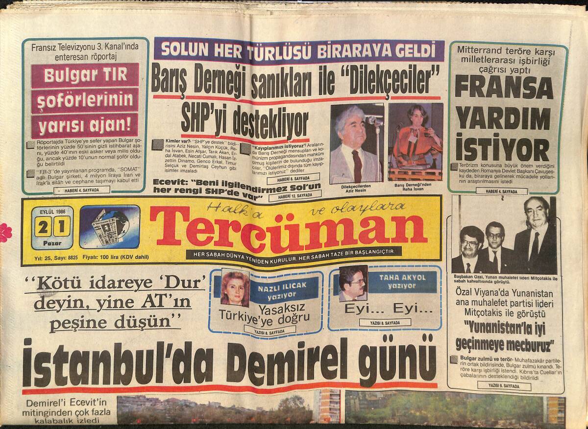Tercüman Gazetesi 21 Eylül 1986 - İstanbul'da Demirel Günü - Fenerbahçe-Galatasaray Kadıköy'de Oynuyor GZ150364 - 1