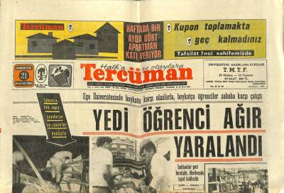 Tercüman Gazetesi 21 Haziran 1969 - Kıbrısta Karşılıklı Ateş Açıldı - Ege Üniversitesinde 7 Öğrenci Ağır Yaralandı GZ123427 - 1