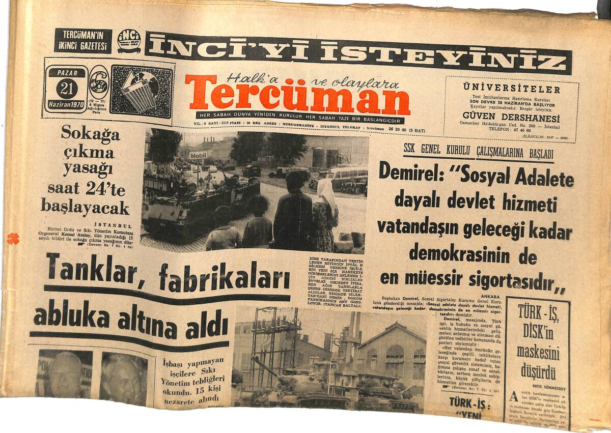Tercüman Gazetesi 21 Haziran 1970 - Tanklar , Fabrikaları Abluka Altına Aldı - Dünya 2 Takıma Kaldı GZ145139 - 1