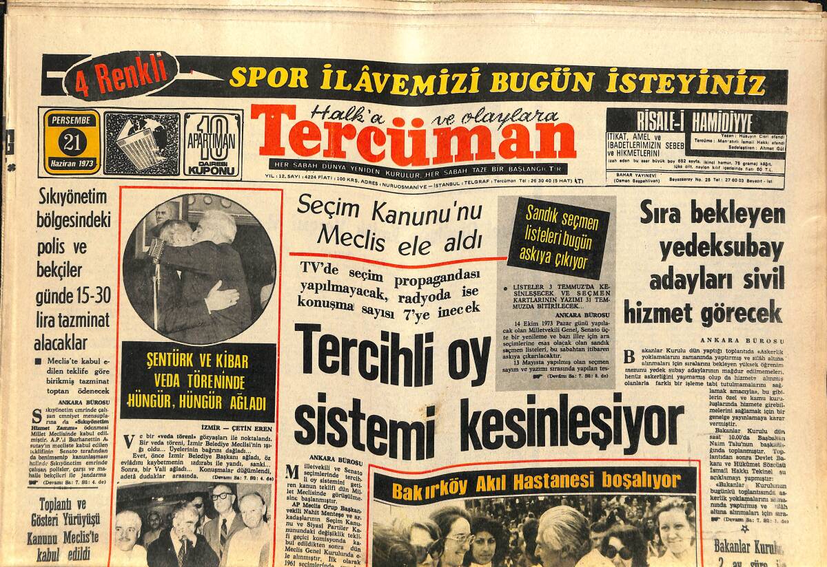 Tercüman Gazetesi 21 Haziran 1973 - Şentürk Ve Kibar Veda Töreninde Hüngür Hüngür Ağladı - Bir Kilisede 2.5 Milyon Liralık Heykel Ele Geçti GZ141164 - 1