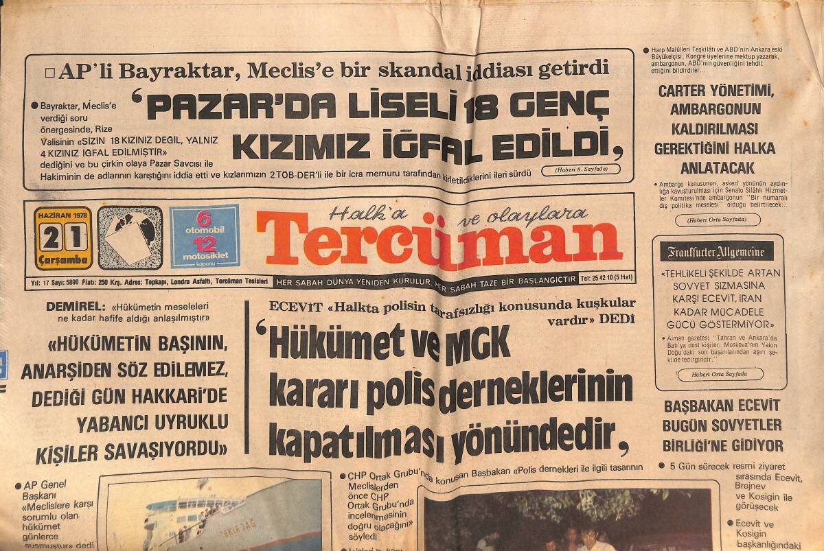 Tercüman Gazetesi 21 Haziran 1978 - Sakıp Sabancı; Türk-iş Ve DİSK Ülkemize Zarar Veriyor - Kupa'da Son Zarlar Atılıyor GZ133199 - 1