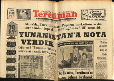 Tercüman Gazetesi 21 Kasım 1965 - Çağlayangil Yunanistan Kıbrısı Müstemleke Yapmak İstiyor dedi GZ70688 - 2