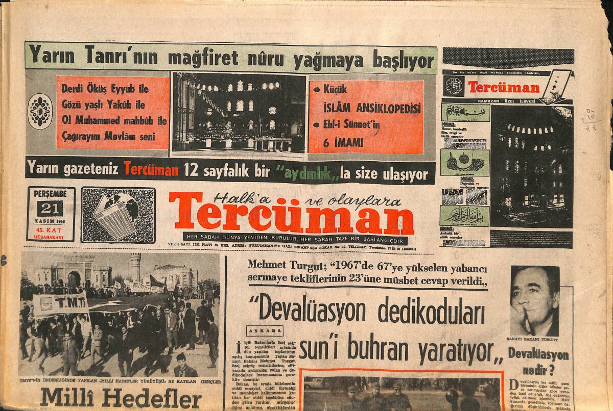 Tercüman Gazetesi 21 Kasım 1968 - Devalüasyon Dedikoduları Sun'i Buhran Yaratıyor! - Milli Hedefler Yürüyüşü Yapıldı! GZ145232 - 1