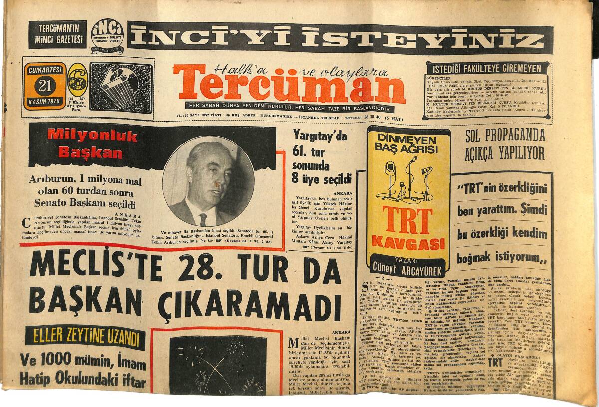 Tercüman Gazetesi 21 Kasım 1970 - Karadeniz Fırtınası İpsiz Recep - Ali Sami Yen'de Bir Büyük Düello GZ145266 - 1