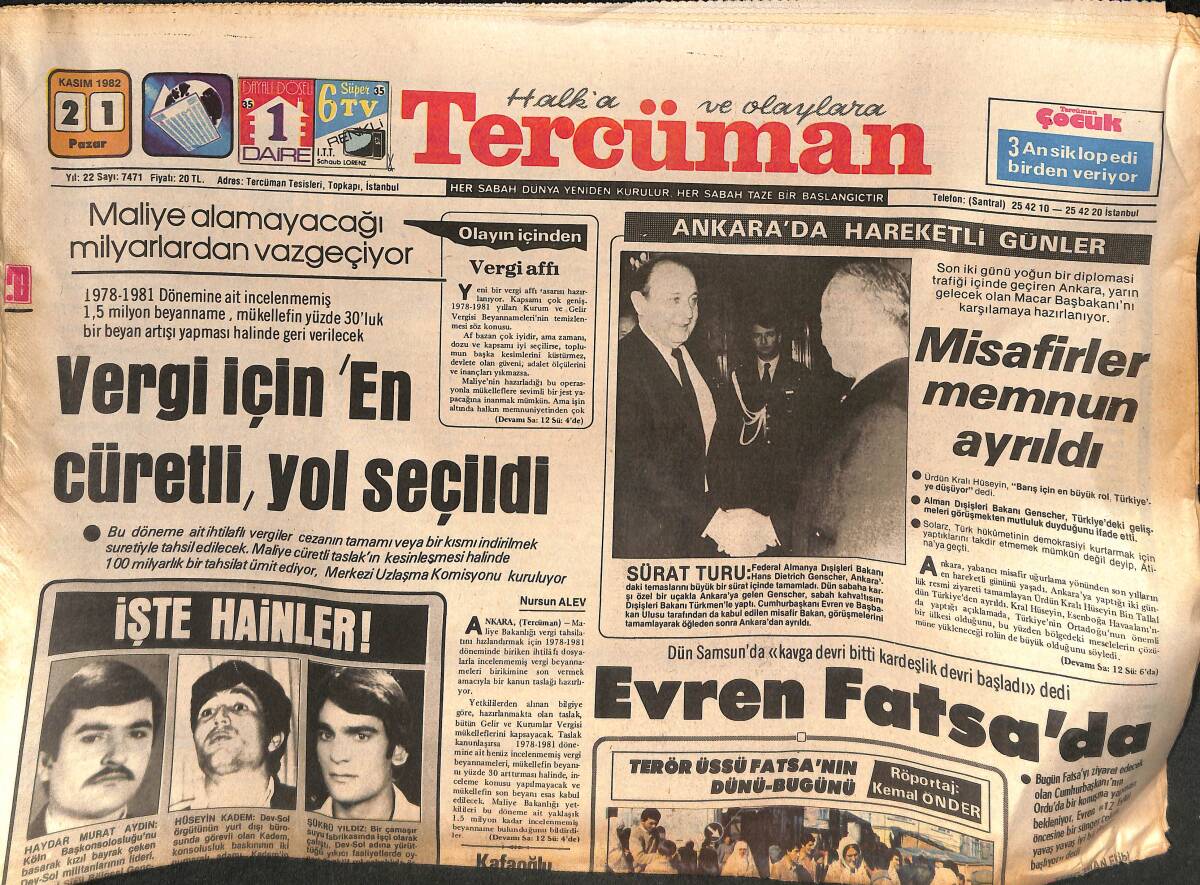 Tercüman Gazetesi 21 Kasım 1982 - Ankara'ya Yarın Macar Başkanı Geliyor - Son 10 Yılda 4 Profesyonel Boksör Ring'de Hayatına Kaybetti GZ132356 - 1