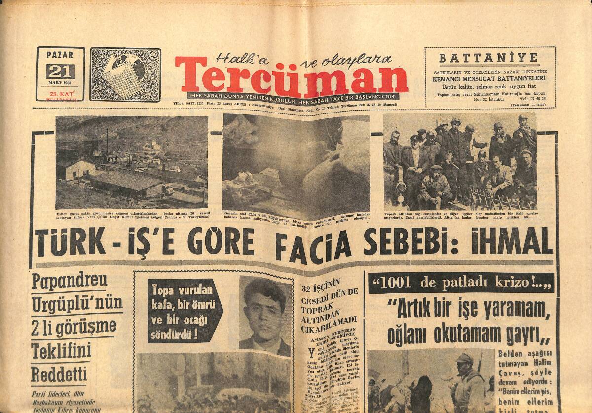 Tercüman Gazetesi 21 Mart 1965 - Fatma Girik İstikbalde Kollarına Yalnızlık Alacak - Fenerbahçe Liderlik, Galatasaray Prestij İçin Oynuyor! GZ140570 - 1