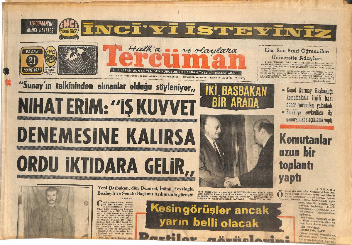 Tercüman Gazetesi 21 Mart 1971 - Gerillaların Hakiki Liderinin Hüseyin İnan Olduğu Anlaşıldı - Galatasaray Korkulu Rüya Gördü GZ144910 - 1