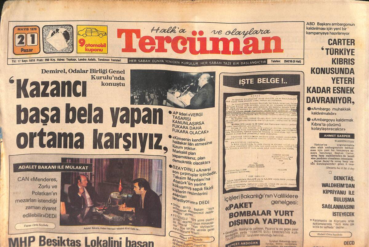 Tercüman Gazetesi 21 Mayıs 1978 - Carter; Türkiye Kıbrıs Konusunda Yeteri Kadar Enek Davranıyor - Paket Bombalar Yurt Dışında Yapıldı GZ132641 - 1