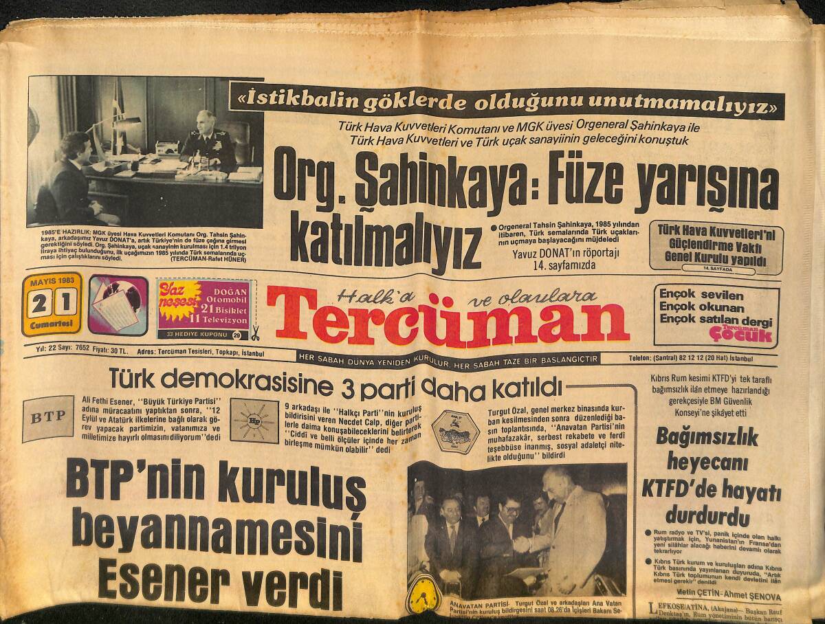 Tercüman Gazetesi 21 Mayıs 1983 - ORG. Şahinkaya : Füze Yarışına Katılmalıyız - İnönü'nün Partisi : SDP GZ133427 - 1