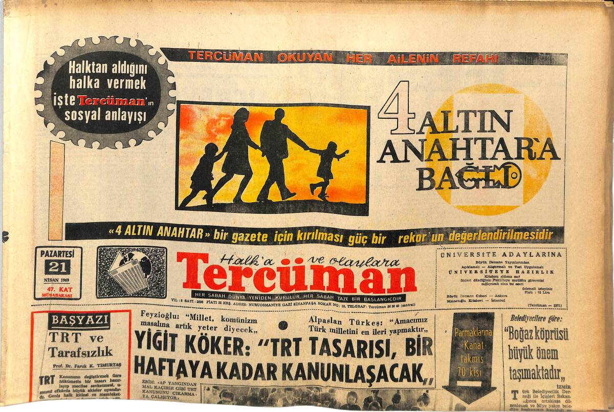 Tercüman Gazetesi 21 Nisan 1969 - TRT Ve Tarafsızlık - Tolstoy'un Sineması: Harp Ve Sulh GZ144945 - 1