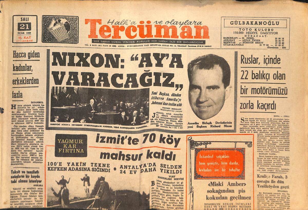 Tercüman Gazetesi 21 Ocak 1969 - Nıxon: Ay'a Varacağız - Can Sayar Genel Müdürlerini Anlattı! - Milli Takım Döndü! GZ146137 - 1