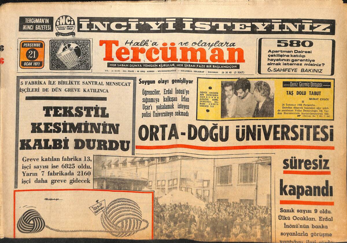 Tercüman Gazetesi 21 Ocak 1971 - Orta-Doğu Üniversitesi Süresiz Kapandı - 9 İthalatçı Milyoner Kumar Oynarken Yakalandı! GZ145986 - 1