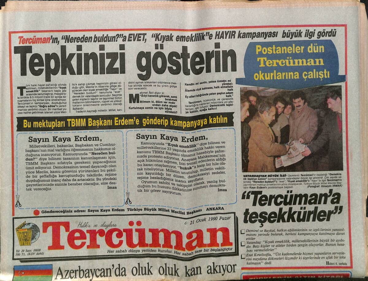 Tercüman Gazetesi 21 Ocak 1990 - Azerbaycan'da Oluk Oluk Kan Akıyor - Sovyet Tankına Karşı Azeri Yumruğu - Ajda Sahneye Isınıyor GZ150221 - 1