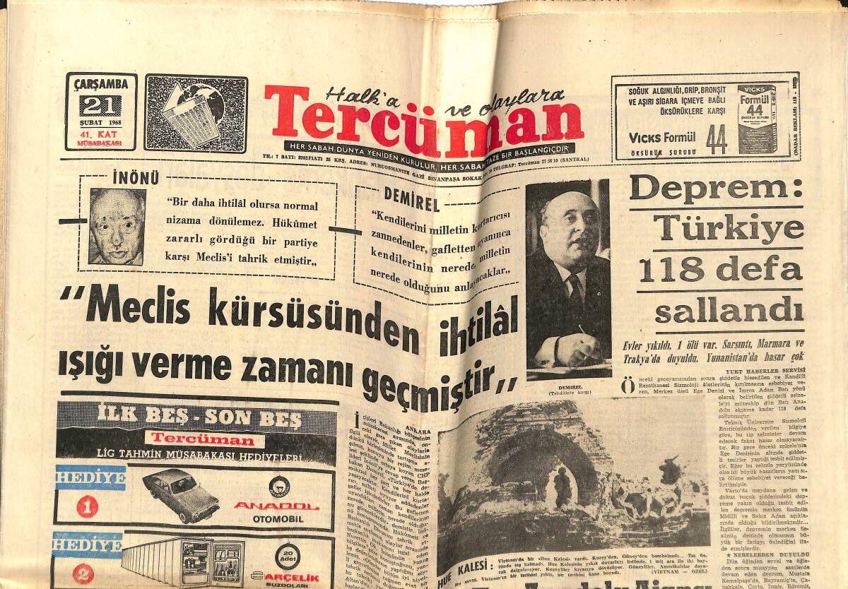 Tercüman Gazetesi 21 Şubat 1968 - Deprem : Türkiye 118 Defa Sallandı - Metin Oktay '' Dünyaya Yeni Gelmiş Gibiyim '' GZ148750 - 1