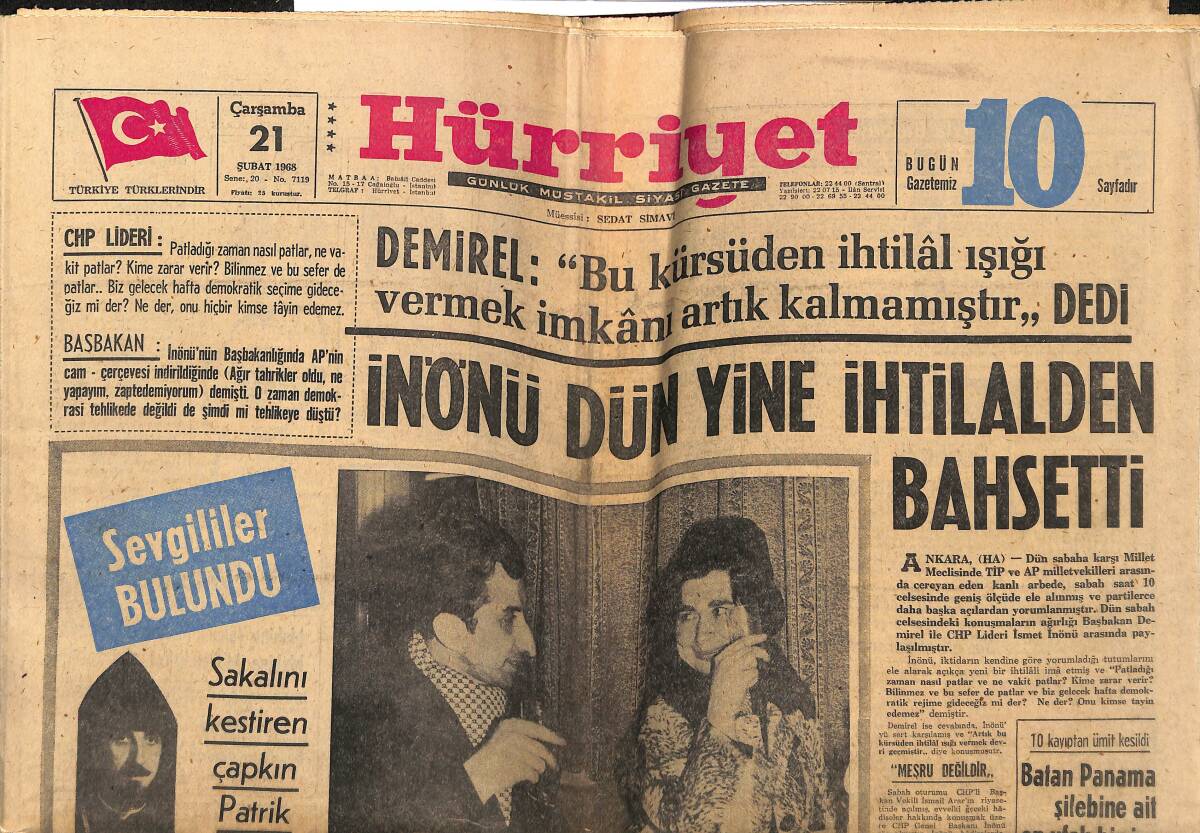 Tercüman Gazetesi 21 Şubat 1968 - Katil Yunan Şilebinin Yeri Tespit Edildi - İnönü Dün yine İhtilalden Bahsetti GZ148751 - 1