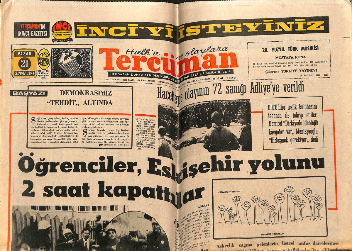 Tercüman Gazetesi 21 Şubat 1971 - Öğrenciler , Eskişehir Yolunu 2 Saat Kapattılar - Kuleli Askeri Lisesinde Yangın Çıktı GZ143374 - 1