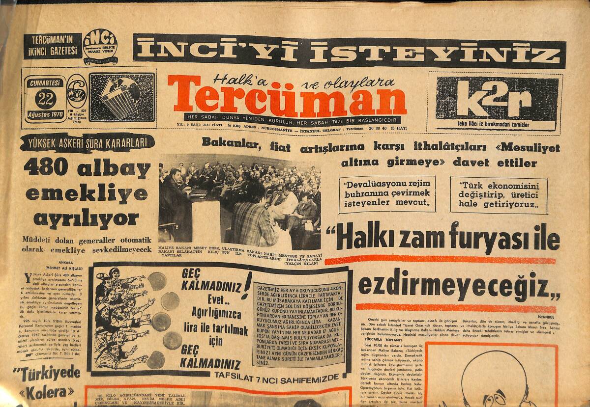 Tercüman Gazetesi 22 Ağustos 1970 - Sıkıyönetimde Hakimle Tartışan Avukatlar Salonu Terk Ettiler! - Murat Çetin Çirkin Ayılarla Buluşacak! GZ145841 - 1