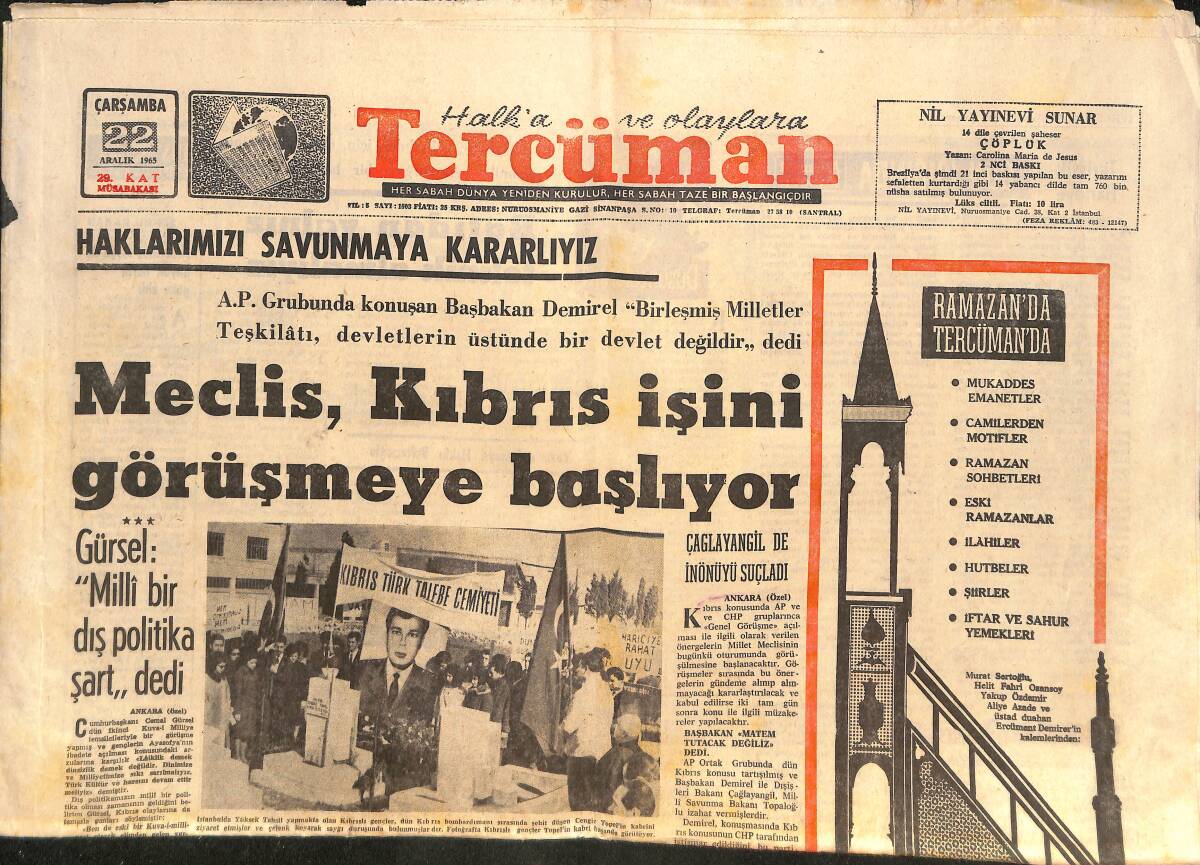 Tercüman Gazetesi 22 Aralık 1965 - Meclis Kıbrıs İşini Görüşmeye Başlıyor! - İdam Cezaları Kaldırılacak GZ146501 - 1
