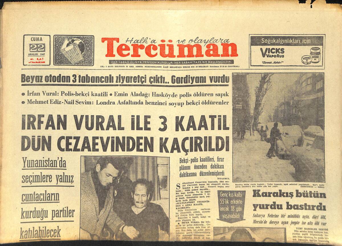 Tercüman Gazetesi 22 Aralık 1967 - İrfan Vural İle 3 Kaatil Dün Cezaevinden Kaçırıldı - Kilis Pekmezine de Hile Karıştırıldı GZ145421 - 1