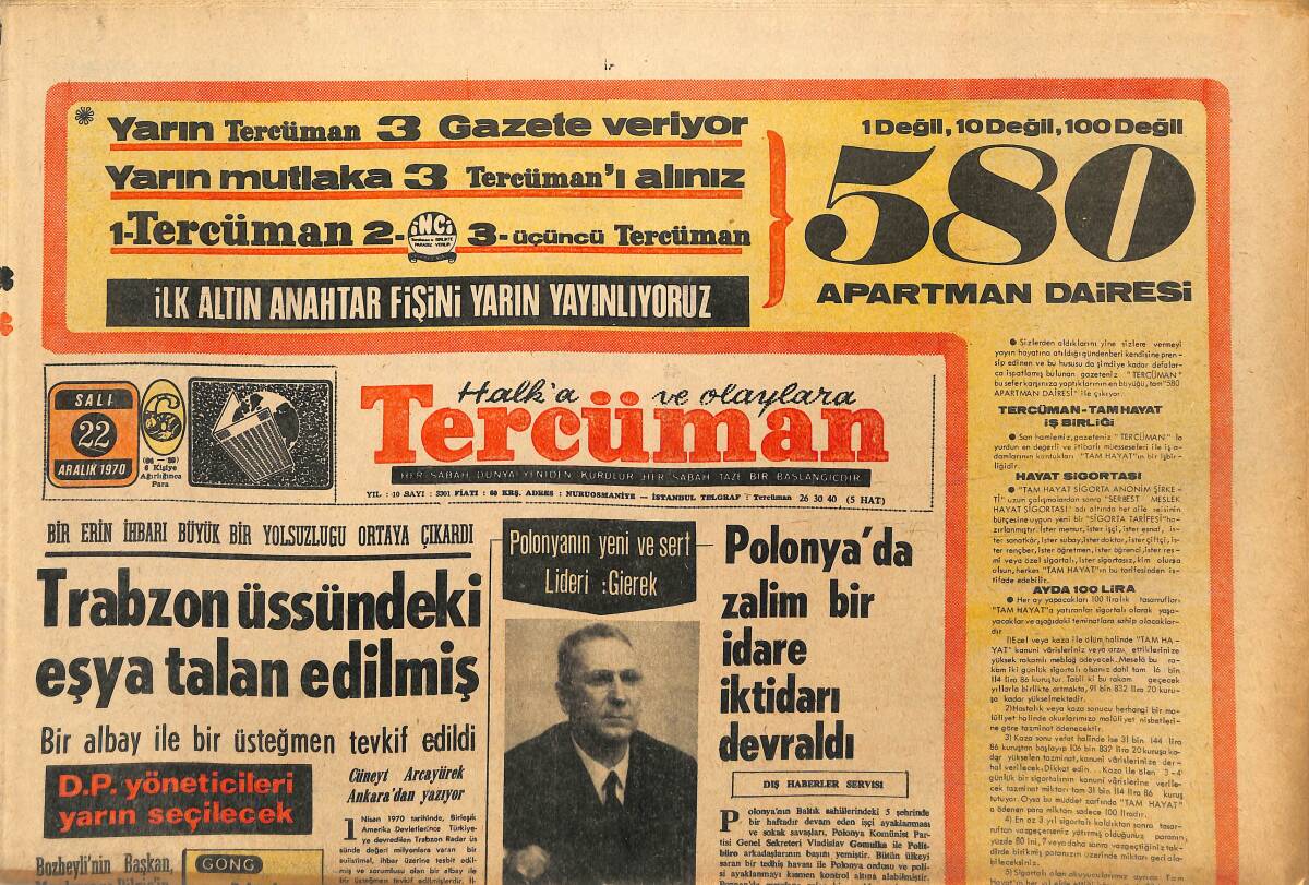 Tercüman Gazetesi 22 Aralık 1970 - Polonya'da Zalim Bir İdare İktidarı Devraldı - SSK İşçileri Hastaneleri İşgal Edecek GZ145373 - 1
