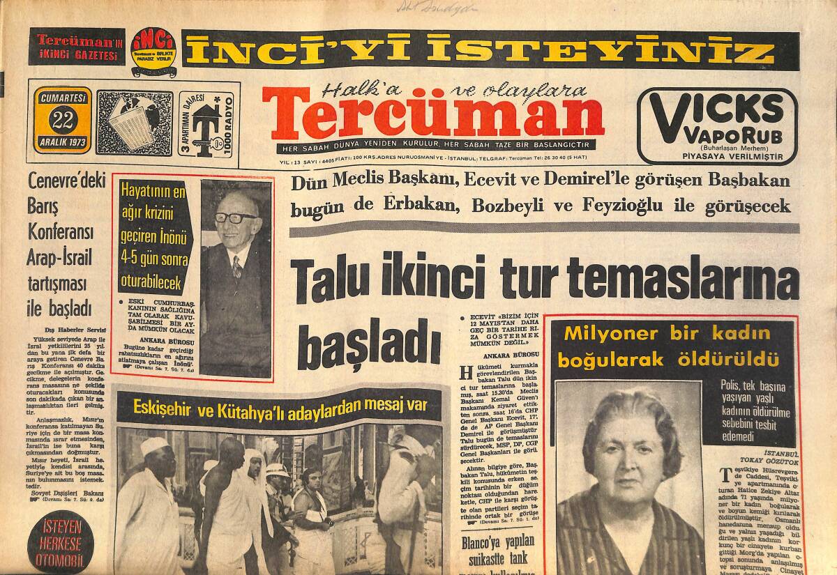 Tercüman Gazetesi 22 Aralık 1973 - Talu İkinci Tur Temaslarına Başladı - Lider Galatasaray Mersin'e Gidiyor! GZ145661 - 1