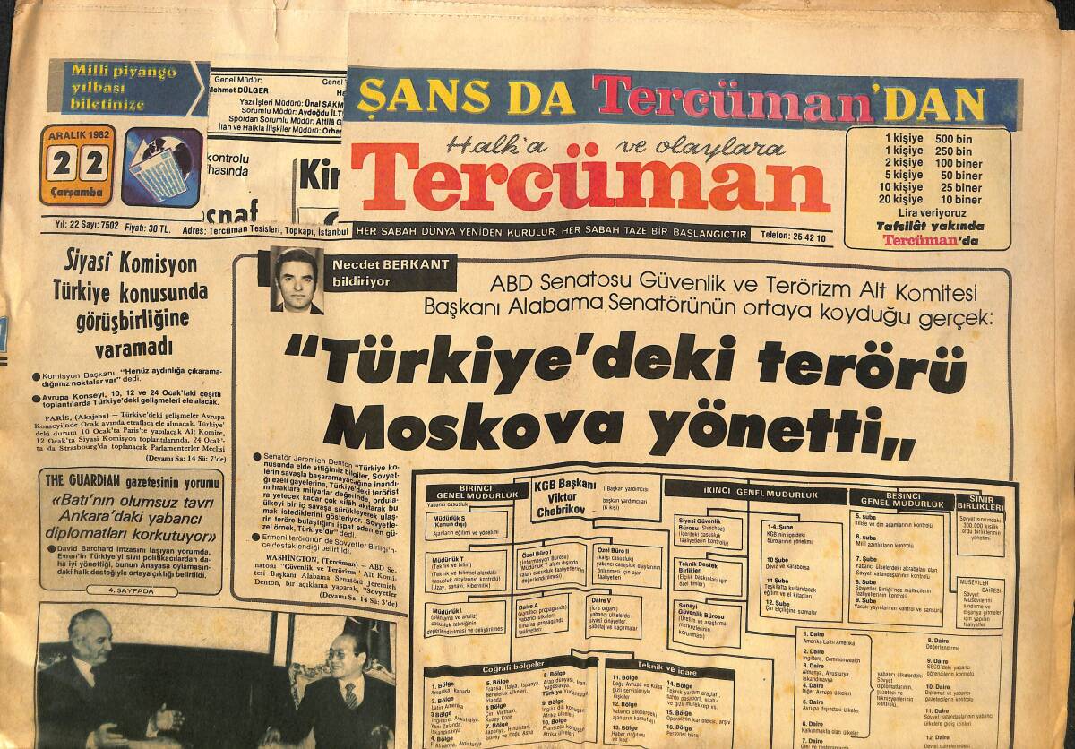 Tercüman Gazetesi 22 Aralık 1982 - Türkiye'deki Terörü Moskova Yönetti - Ağca'nın Savcısı Bulgaristan'a Davet Edildi GZ133382 - 1