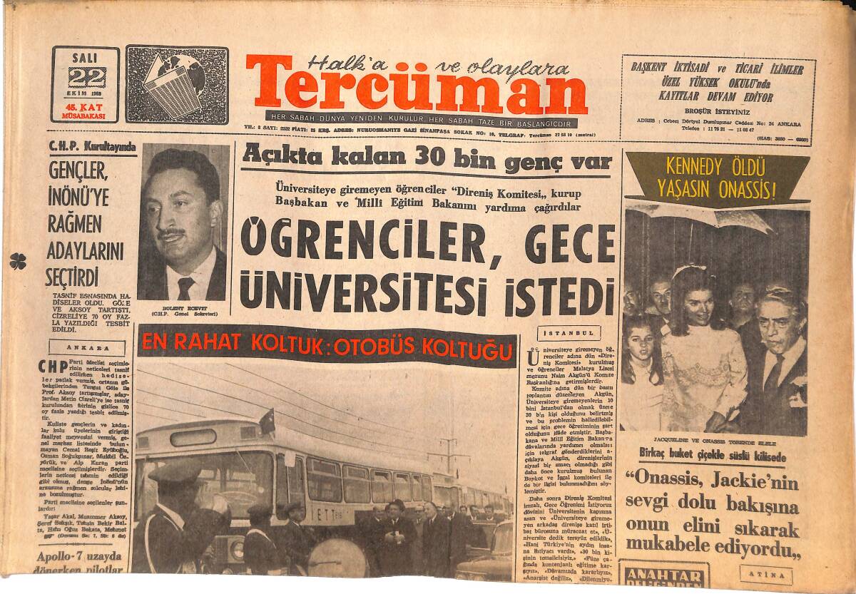 Tercüman Gazetesi 22 Ekim 1968 - Kennedy Öldü Yaşasın Onassis ! - Wolde , Komutanı Bikila'yı Geçti GZ144786 - 1