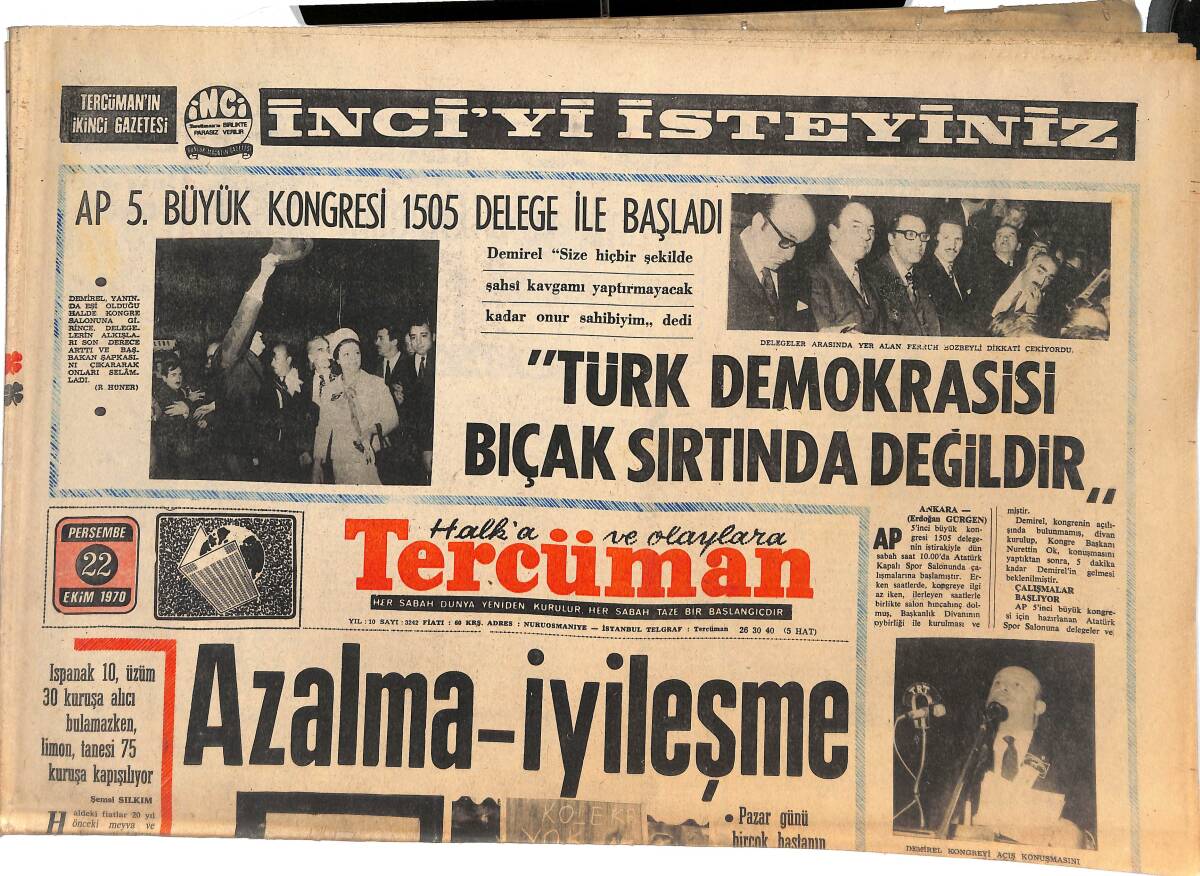 Tercüman Gazetesi 22 Ekim 1970 - Türk Demokrasisi Bıçak Sırtında Değildir! - Doping İthamı Almanya'yı Karıştırdı! GZ144965 - 1