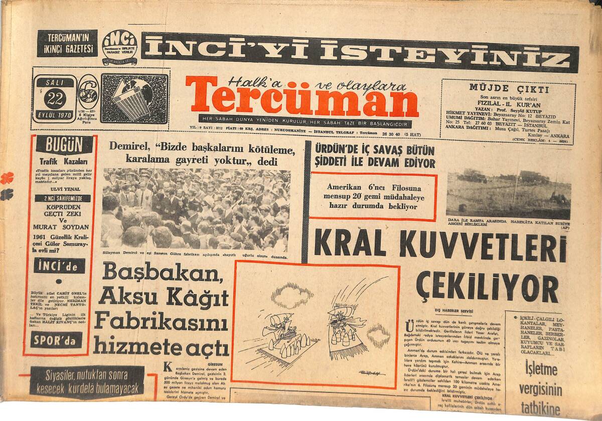 Tercüman Gazetesi 22 Eylül 1970 - Ürdün'de İç Savaş Bütün Şiddeti İle Devam Ediyor - Luna-16 Sürekli Sinyal Veriyor GZ144917 - 1