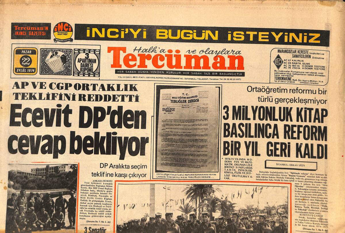 Tercüman Gazetesi 22 Eylül 1974 - Makarios Mısır'da Devlet Başkanları Gibi Karşılandı - Asrın Dövüşüne Doğru: Muhammed Ali-Foreman GZ146202 - 1