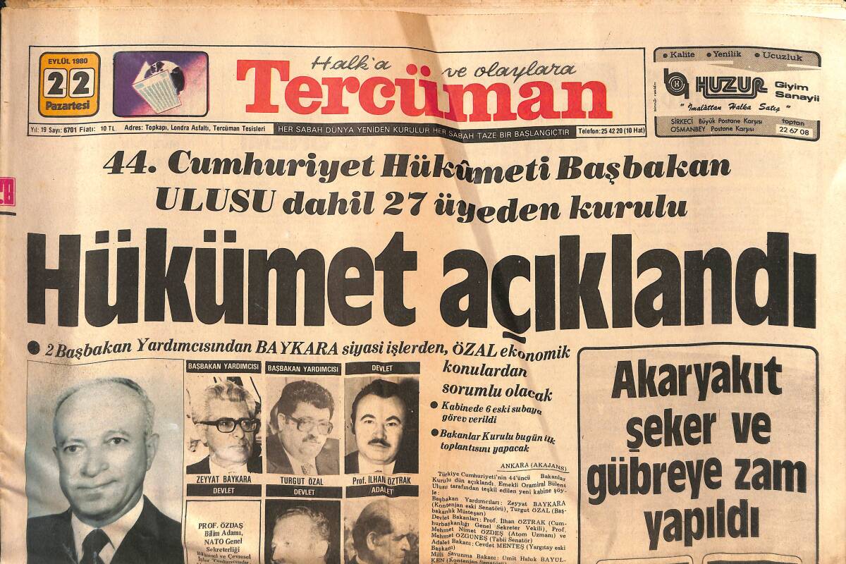 Tercüman Gazetesi 22 Eylül 1980 - Hükümet Açıklandı - Petrol Merkezi Abadan Ateş Atında GZ134140 - 1