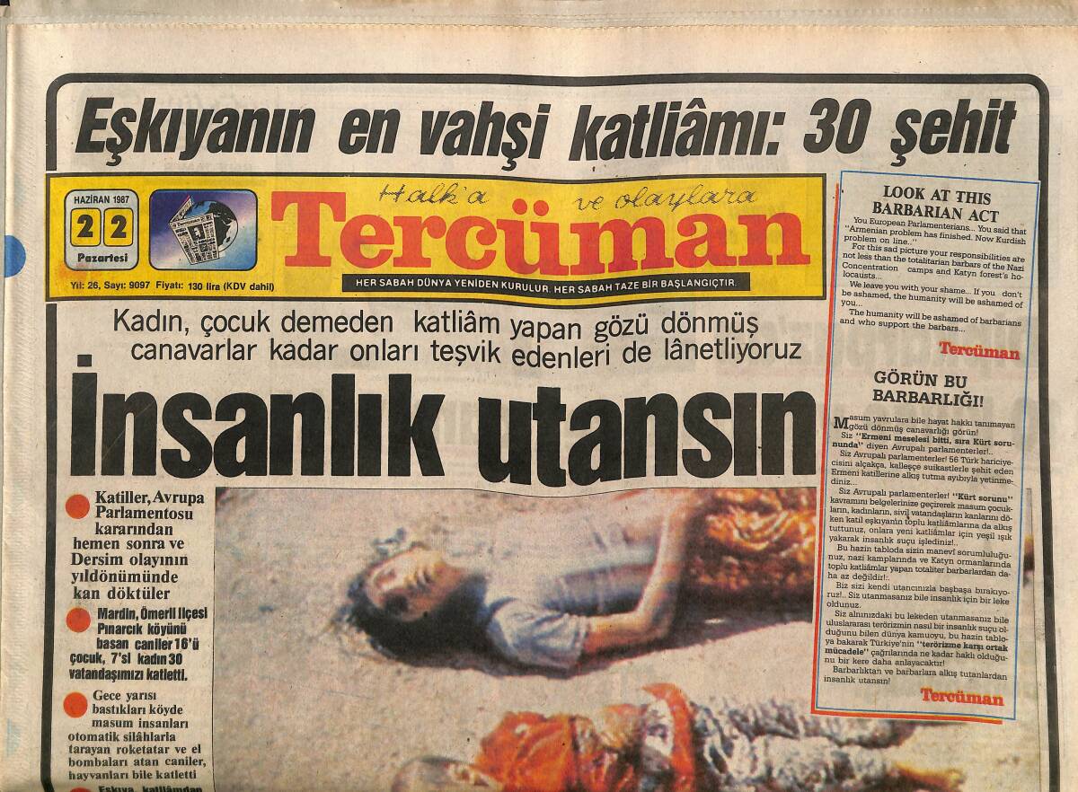 Tercüman Gazetesi 22 Haziran 1987 - Mardin Katliamı Meclis'te Tartışıldı - 61. Gazi Koşusu 37 Yılın En Büyük Sürprizi İle Bitti GZ150260 - 1