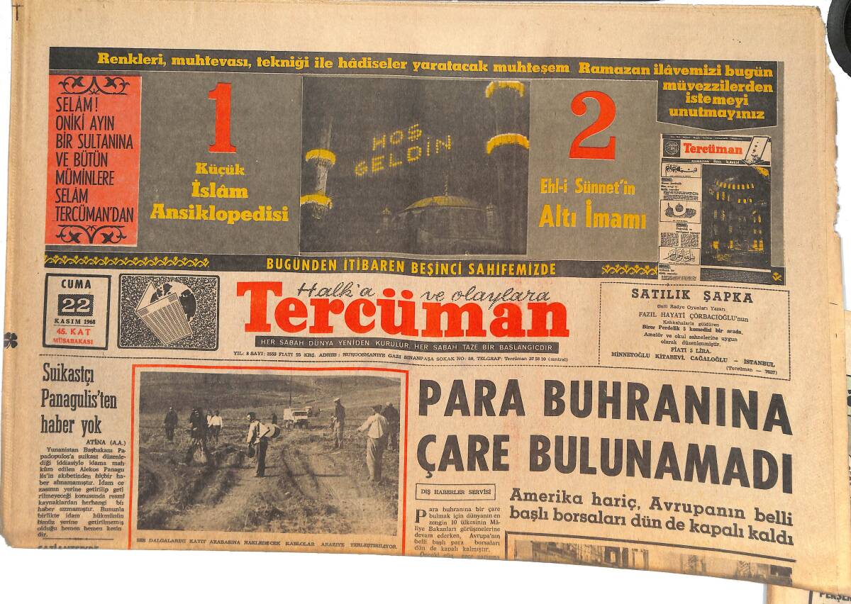 Tercüman Gazetesi 22 Kasım 1968 - Para Buhranına Çare Bulunamadı - Suikastçı Panagulis'ten Haber Yok GZ145170 - 1