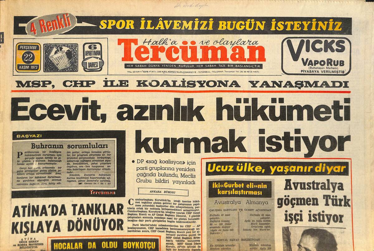 Tercüman Gazetesi 22 Kasım 1973 - Ecevit Azınlık Hükümeti Kurmak İstiyor - Hilton Soygununun 5 Faili Yurt Dışına Sahte Kimlik İle Çıktılar GZ145563 - 1