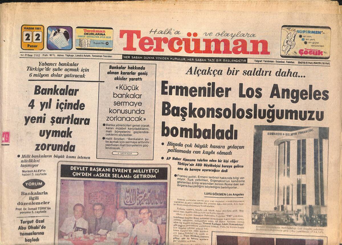 Tercüman Gazetesi 22 Kasım 1981 - Ermeniler Los Angeles Başkonsolosluğumuzu Bombaladı - Prens Charles: Yakında Korse Giyeceğim GZ145653 - 1