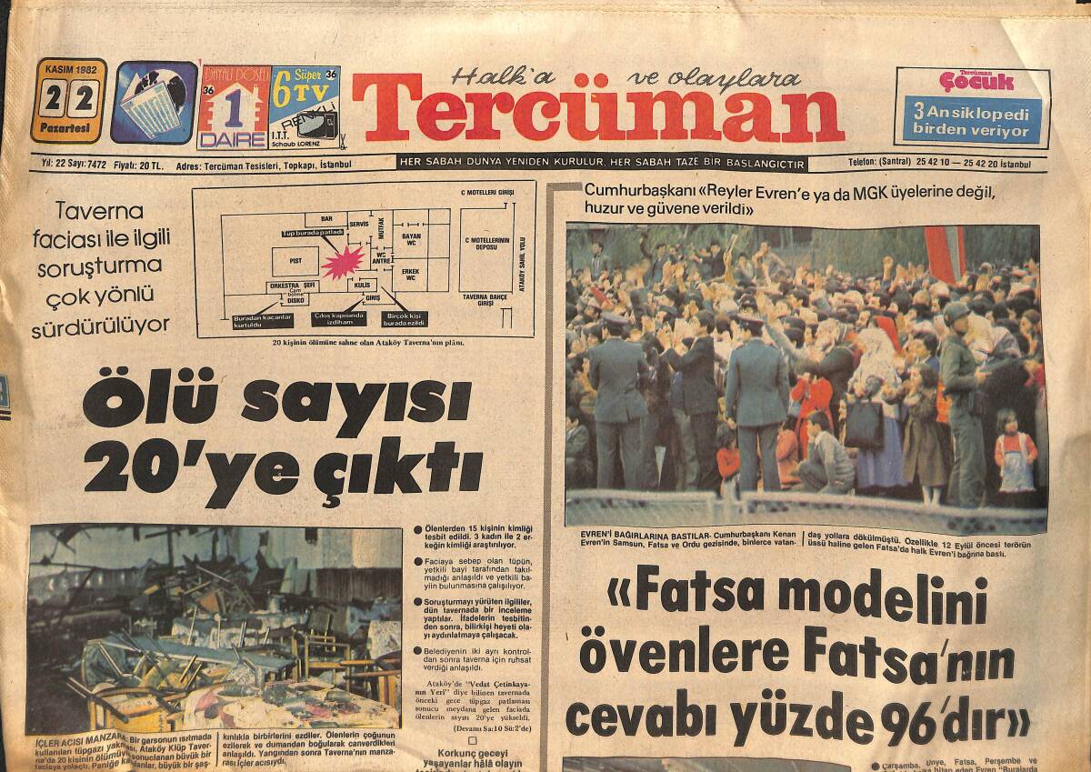 Tercüman Gazetesi 22 Kasım 1982 - Tavernada Ölü Sayısı 20'ye Çıktı - Fenerbahçe Liderliği Korudu, Galatasaray Ve Trabzonspor Peşini Bırakmıyor GZ133407 - 1